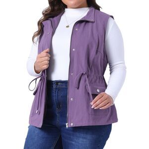 Plus Size Utility Sleeveless Anorak Cargo Drawstring Vest Purple